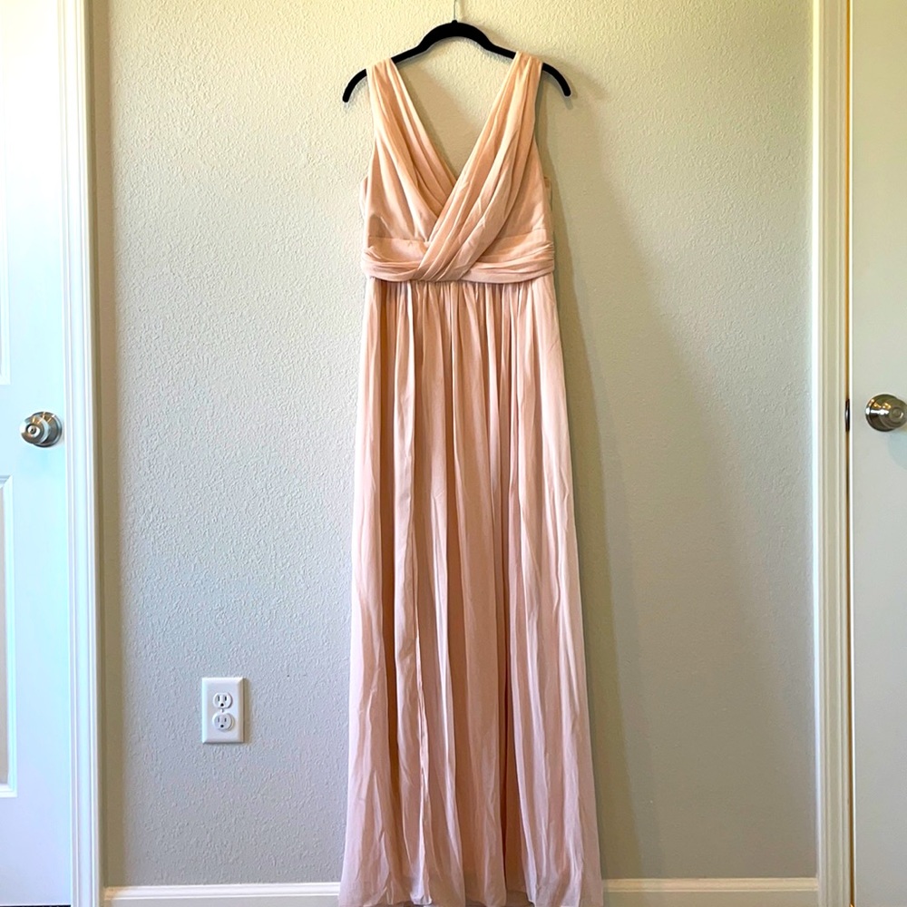 Dessy group Sleeveless Draped Chiffon Maxi Dress with Front Slit in Cameo